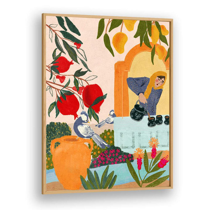 mama's tea garden portraits-figurative illustrations in Oak Wood Plain Frame