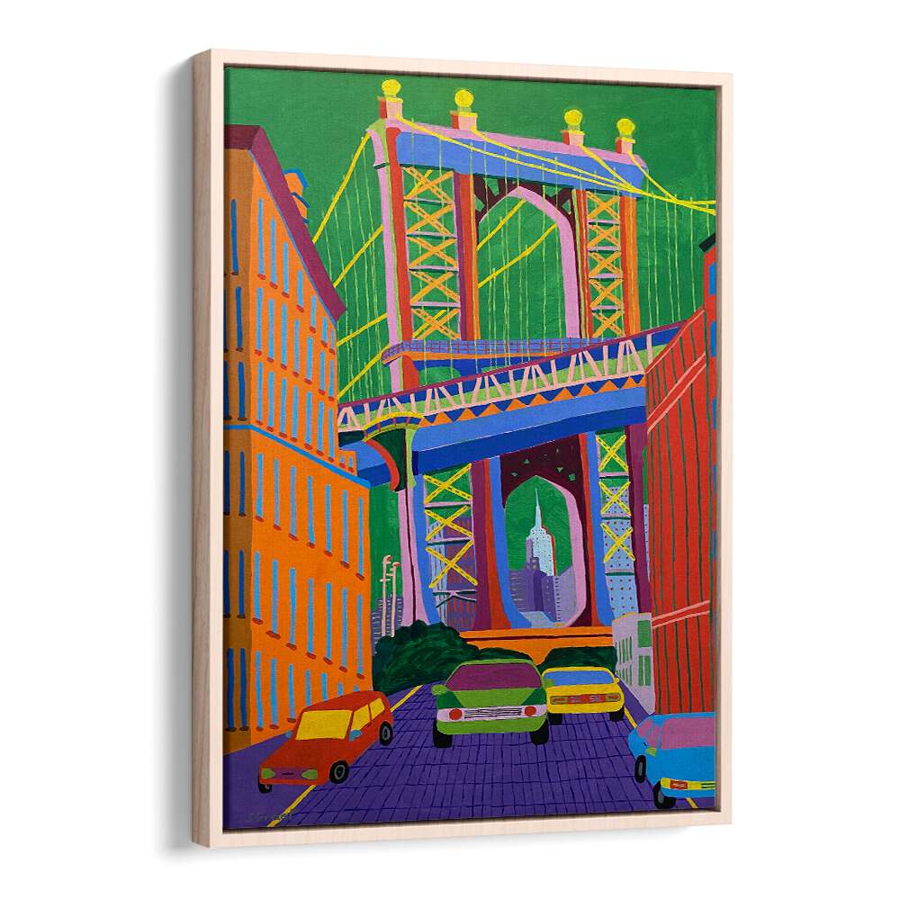 manhattan bridge landscape art prints in Oak Wood Floater Frame