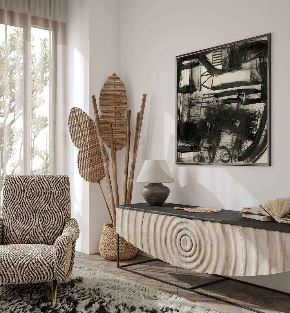 Stylish living room featuring MARKET, ABSTRACT PAINTINGS by Dan Hobday, enhancing creativity and vibrant decor.