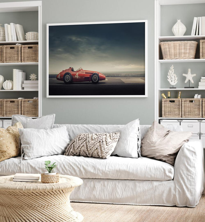 maserati f250 car poster Artwork placed on wall near book shelf