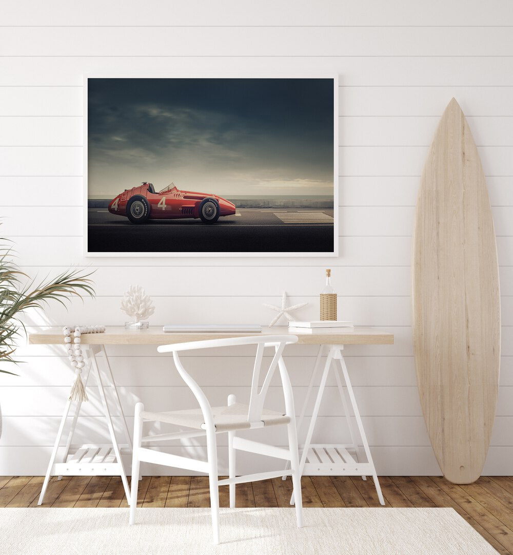 maserati f250 car poster placed on white wall 