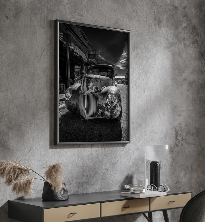 memory lane car poster Artwork I above a Console Table