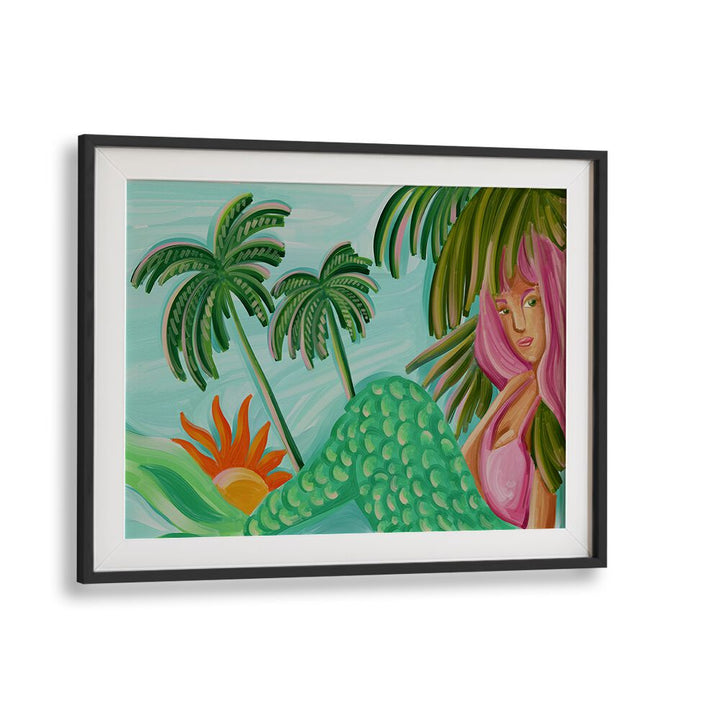 mermaid summer Vintage paintings in Black Frame With Mount