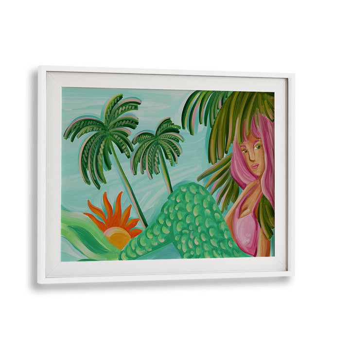 mermaid summerVintage paintings in White Frame With Mount