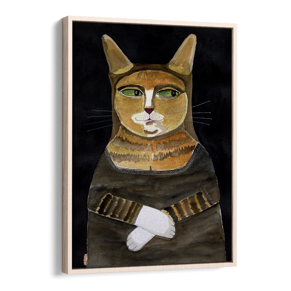 mona lisa cat women illustration paintings in Oak Wood Floater Frame