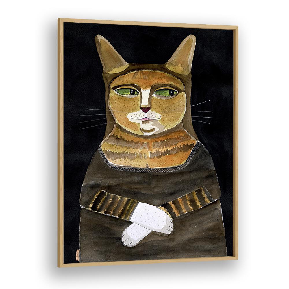 mona lisa cat women illustration paintings in Oak Wood Plain Frame