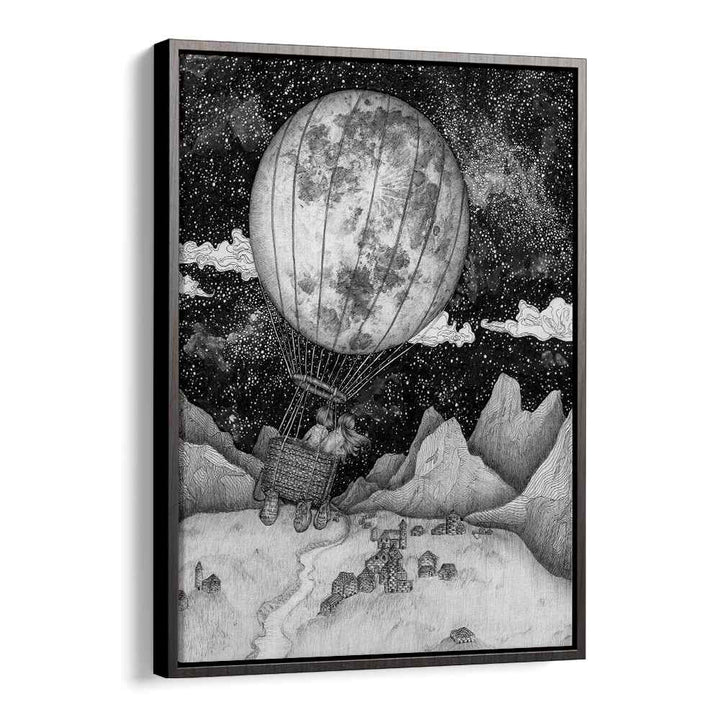 Elevate your space with MOON BALLOON ORIGINAL, SURREAL ART PRINTS, showcasing a whimsical hot air balloon scene.