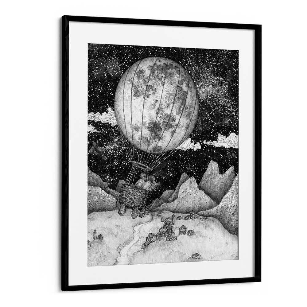 MOON BALLOON ORIGINAL, SURREAL ART PRINTS showcase a whimsical hot air balloon soaring over a dreamy landscape.