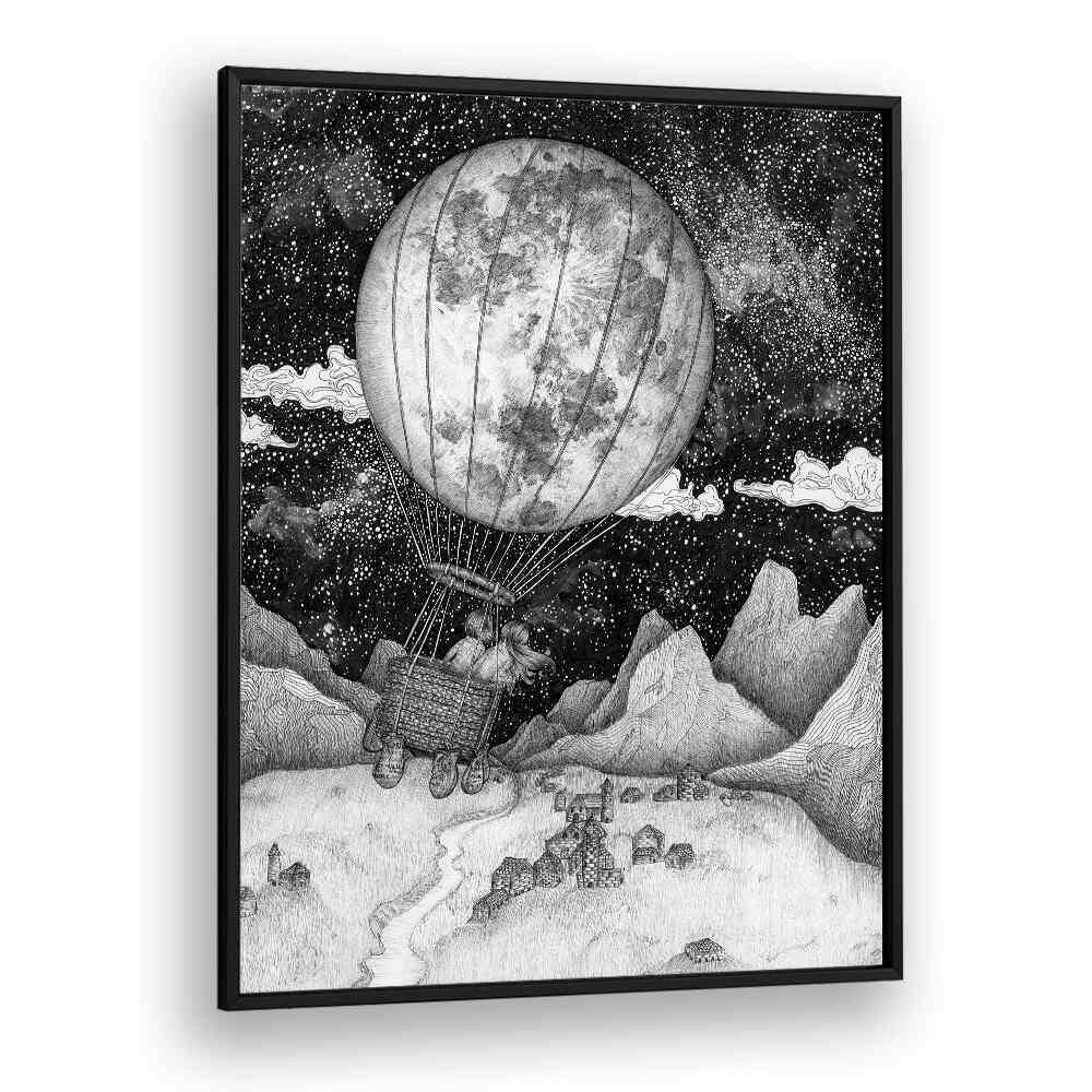 Explore the whimsical MOON BALLOON ORIGINAL, SURREAL ART PRINTS, showcasing vintage charm and artistic elegance.