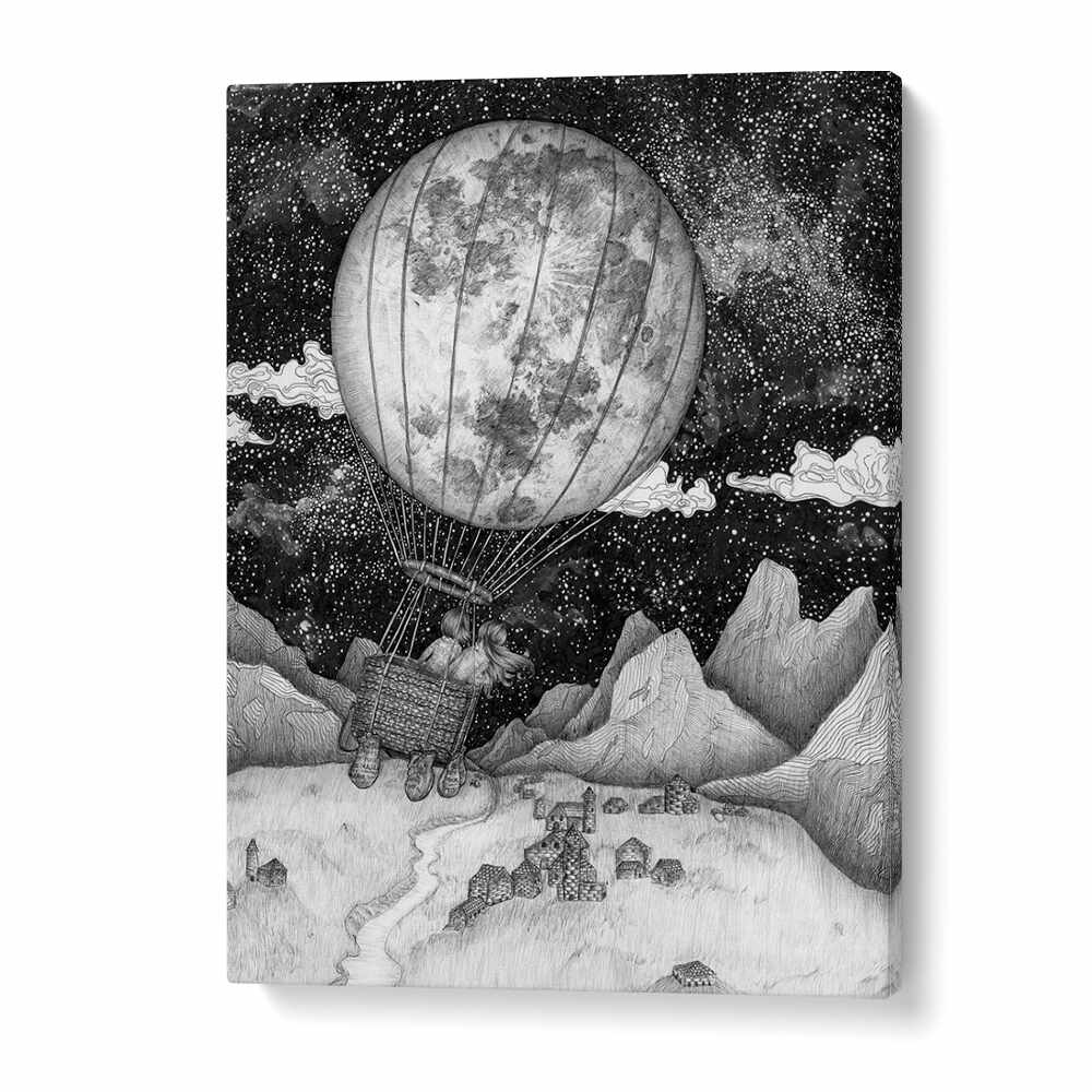 Surreal art prints featuring the MOON BALLOON ORIGINAL, showcasing a whimsical balloon ride through a starry night.
