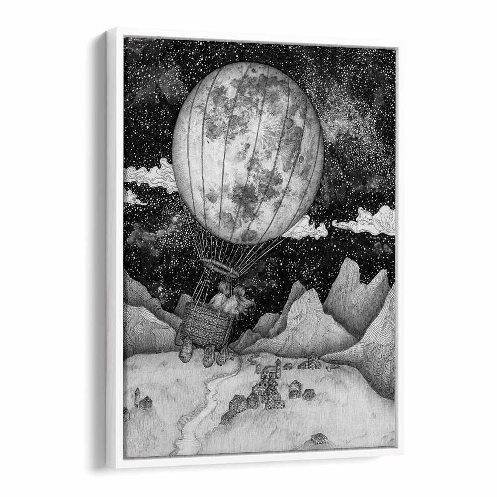 Experience the whimsy of MOON BALLOON ORIGINAL, SURREAL ART PRINTS featuring a vintage hot air balloon scene.