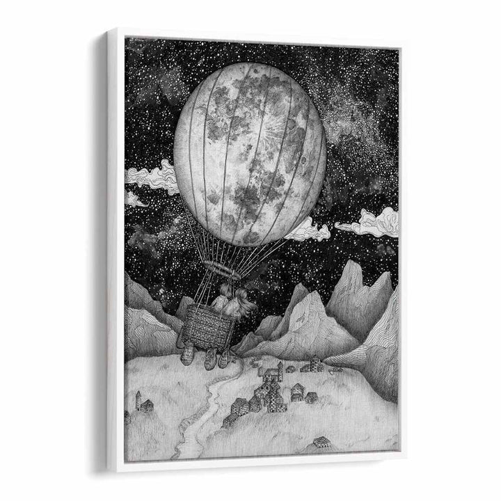 Experience the whimsy of MOON BALLOON ORIGINAL, SURREAL ART PRINTS featuring a vintage hot air balloon scene.