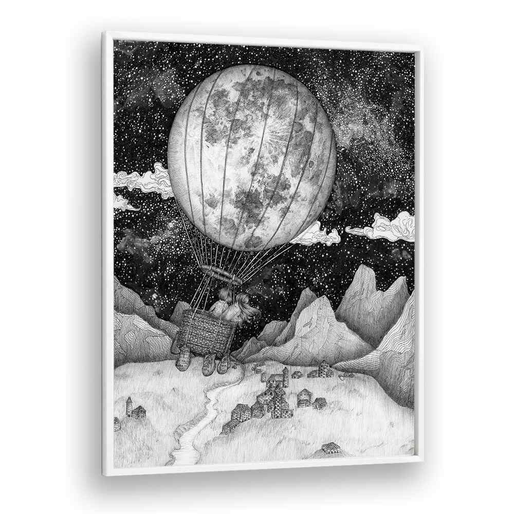 Explore the MOON BALLOON ORIGINAL, SURREAL ART PRINTS featuring whimsical hot air balloon scenes and vintage charm.