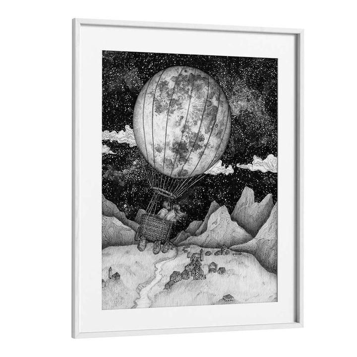 Explore the enchanting MOON BALLOON ORIGINAL, SURREAL ART PRINTS, featuring a whimsical hot air balloon in a starry sky.