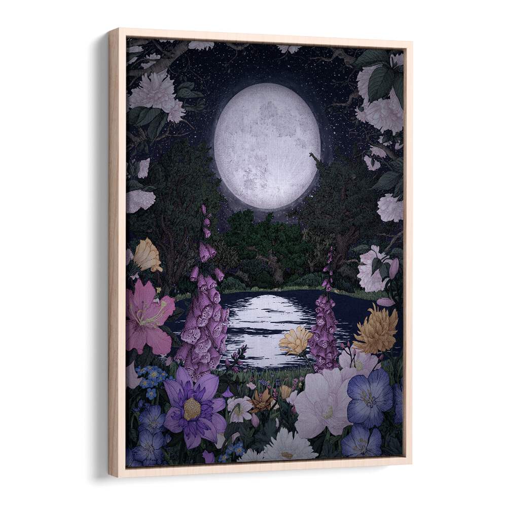 moon garden reflections Vintage paintings in Oak Wood Floater Frame