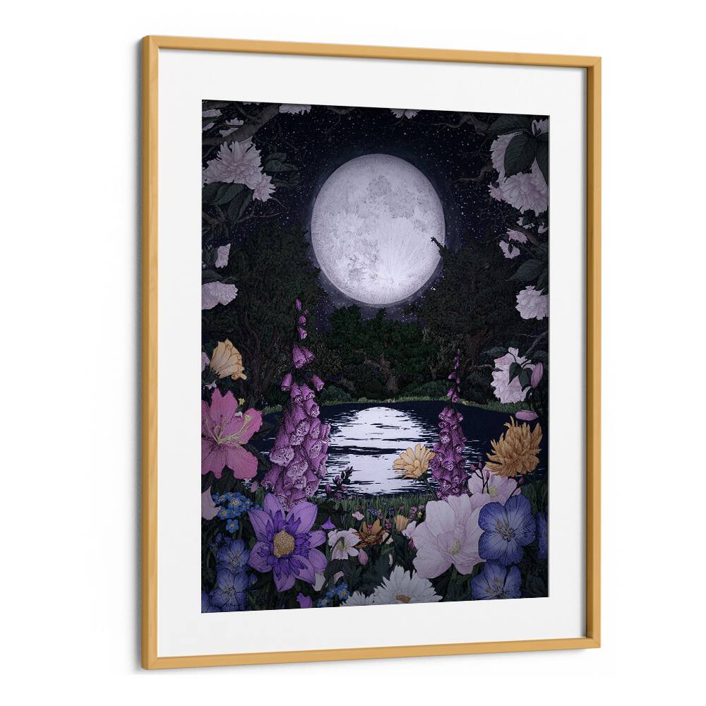 moon garden reflections Vintage paintings in Oak Wood Frame With Mount