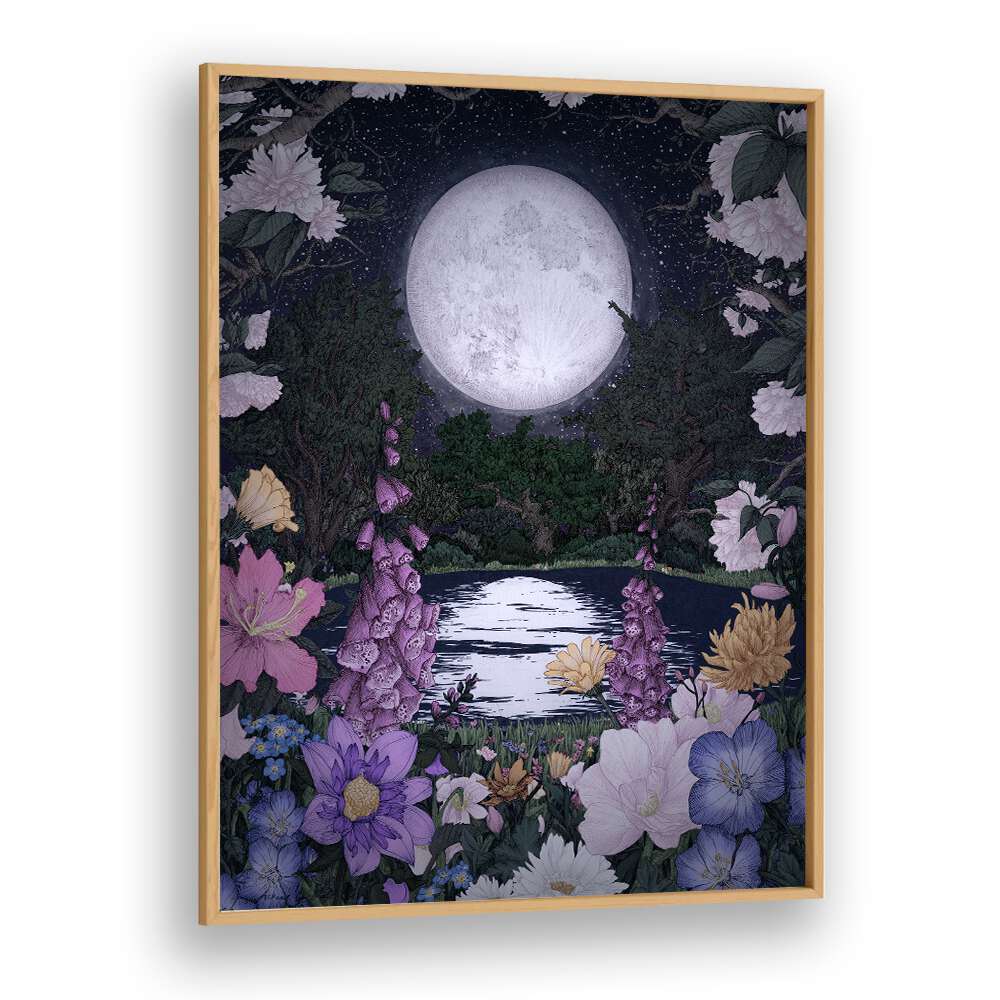 moon garden reflections Vintage paintings in Oak Wood Plain Frame