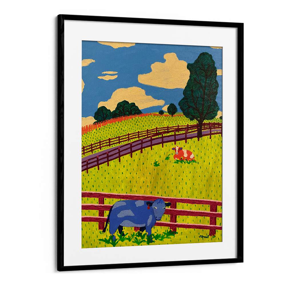 more cows landscape art prints in Black Frame With Mount