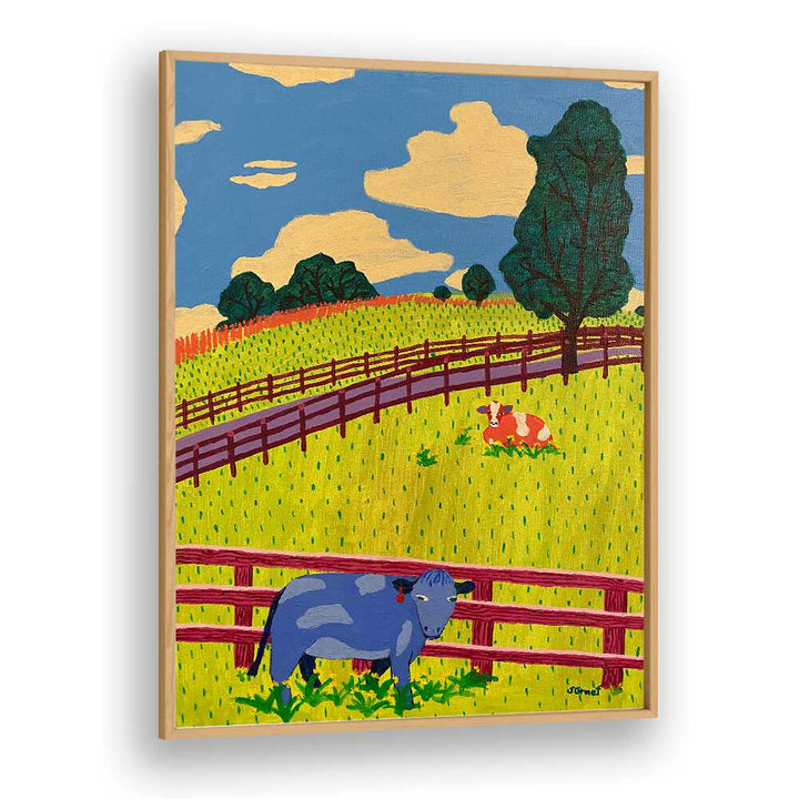 more cows landscape art prints in Oak Wood Plain Frame
