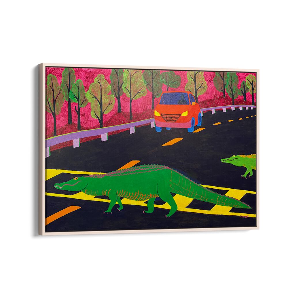 more gators crossing landscape art prints in Oak Wood Floater Frame