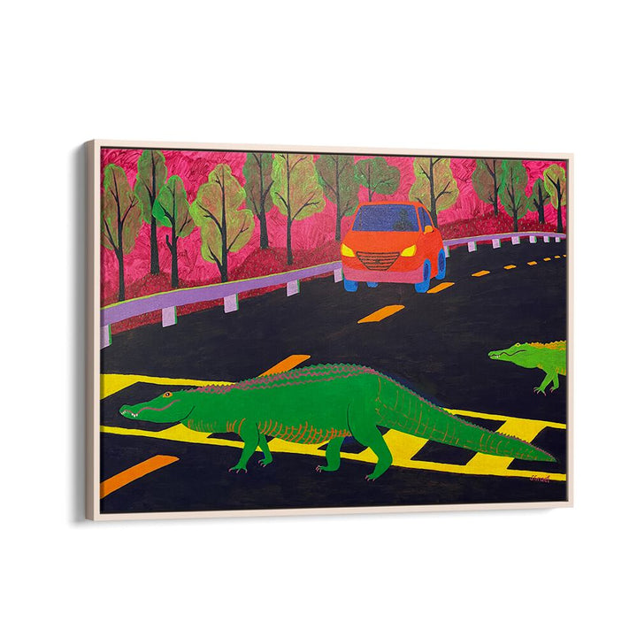 more gators crossing landscape art prints in Oak Wood Floater Frame