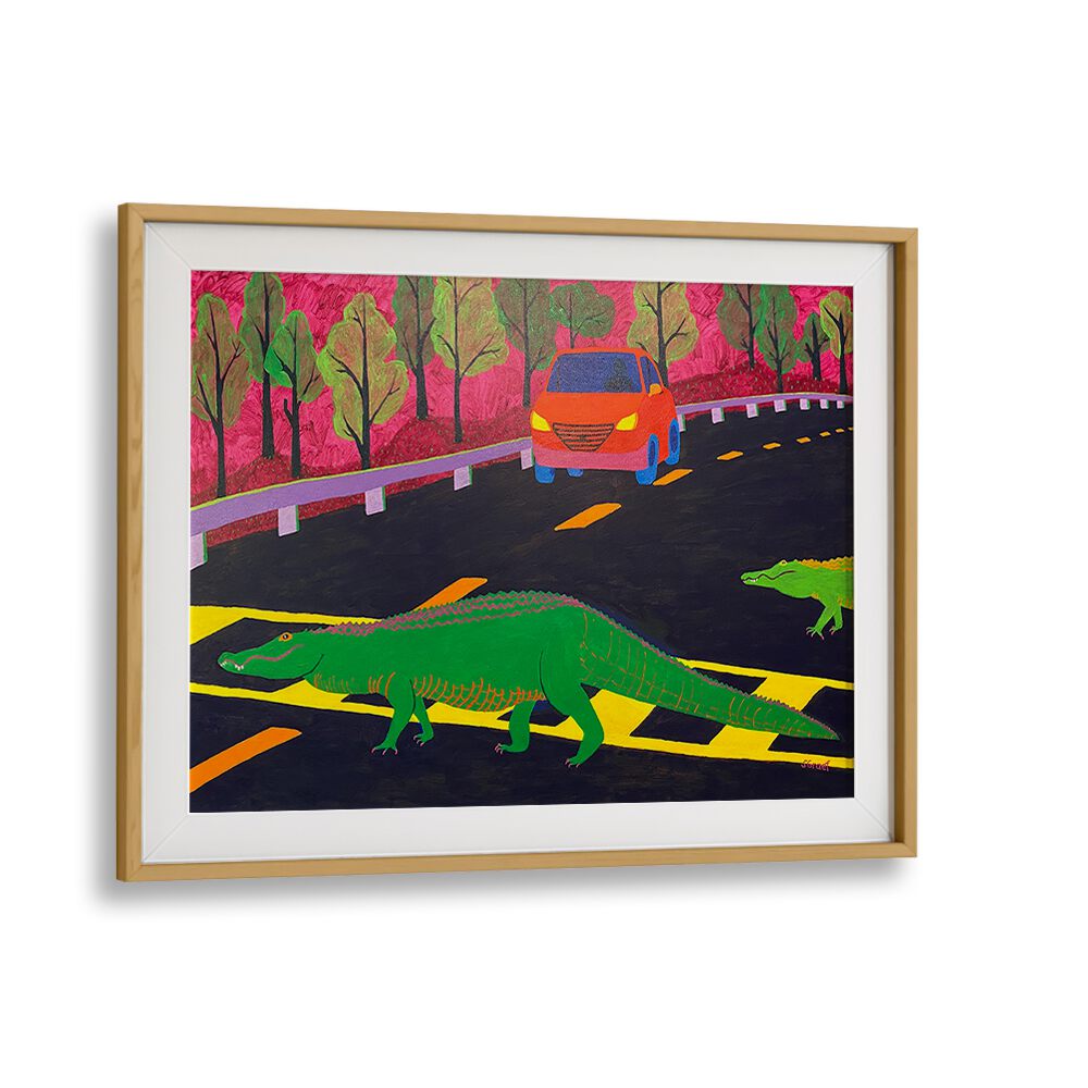 more gators crossing landscape art prints in Oak Wood Frame With Mount