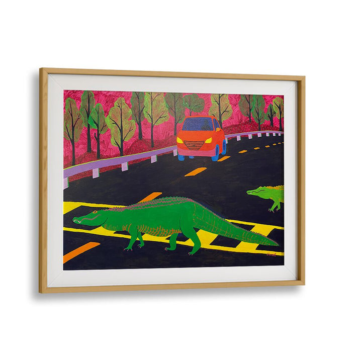 more gators crossing landscape art prints in Oak Wood Frame With Mount