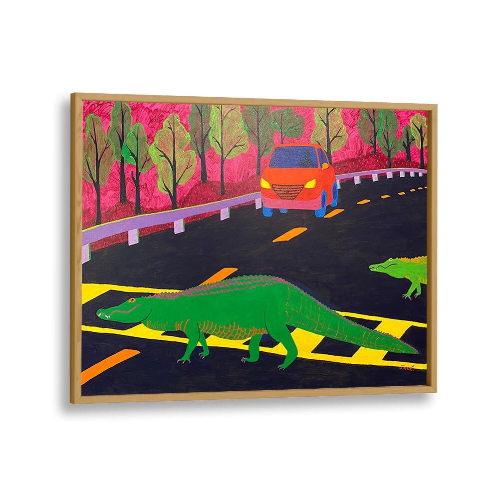 more gators crossing landscape art prints in Oak Wood Plain Frame