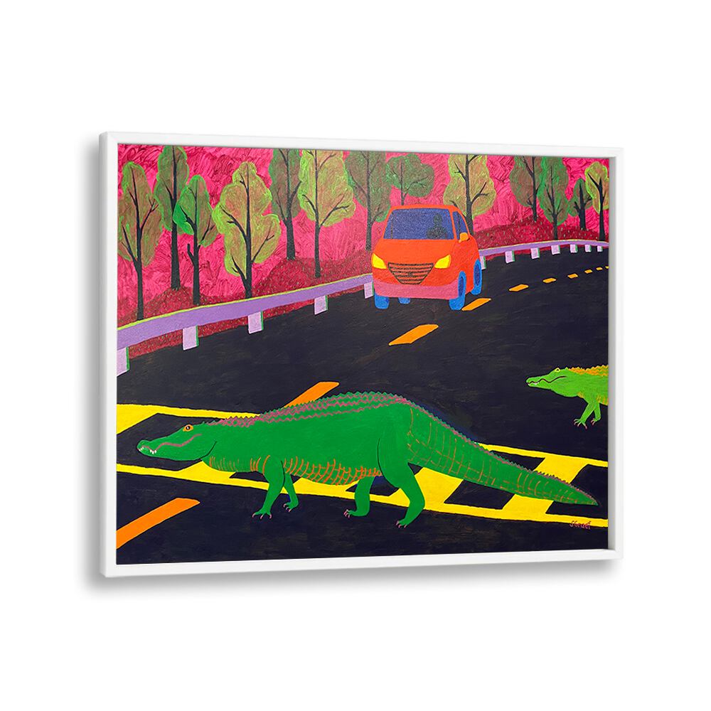more gators crossing landscape art prints in White Plain Frame
