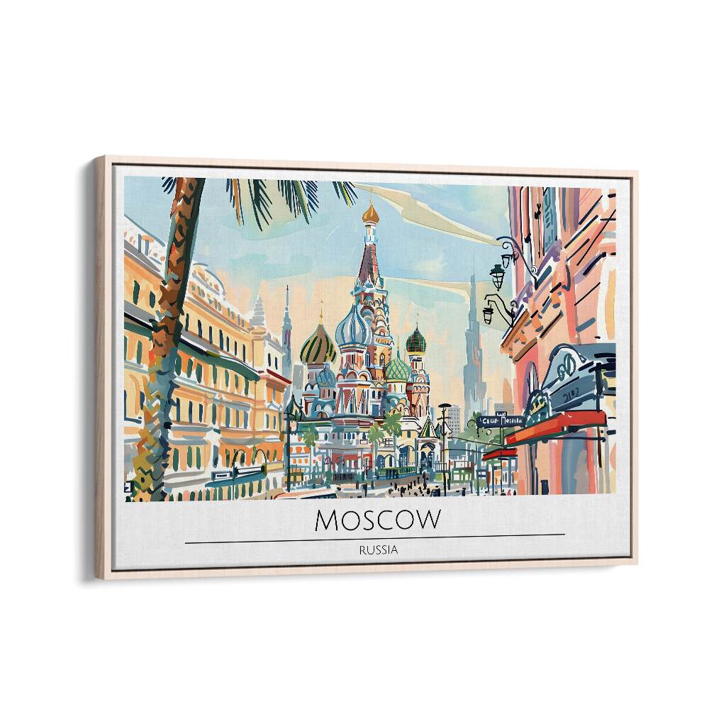 moscow city-russia travel posters in Oak Wood Floater Frame