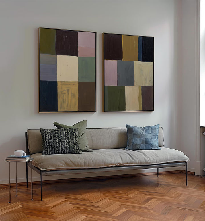 MUTED GRIDS , SET OF 2 PAINTINGS