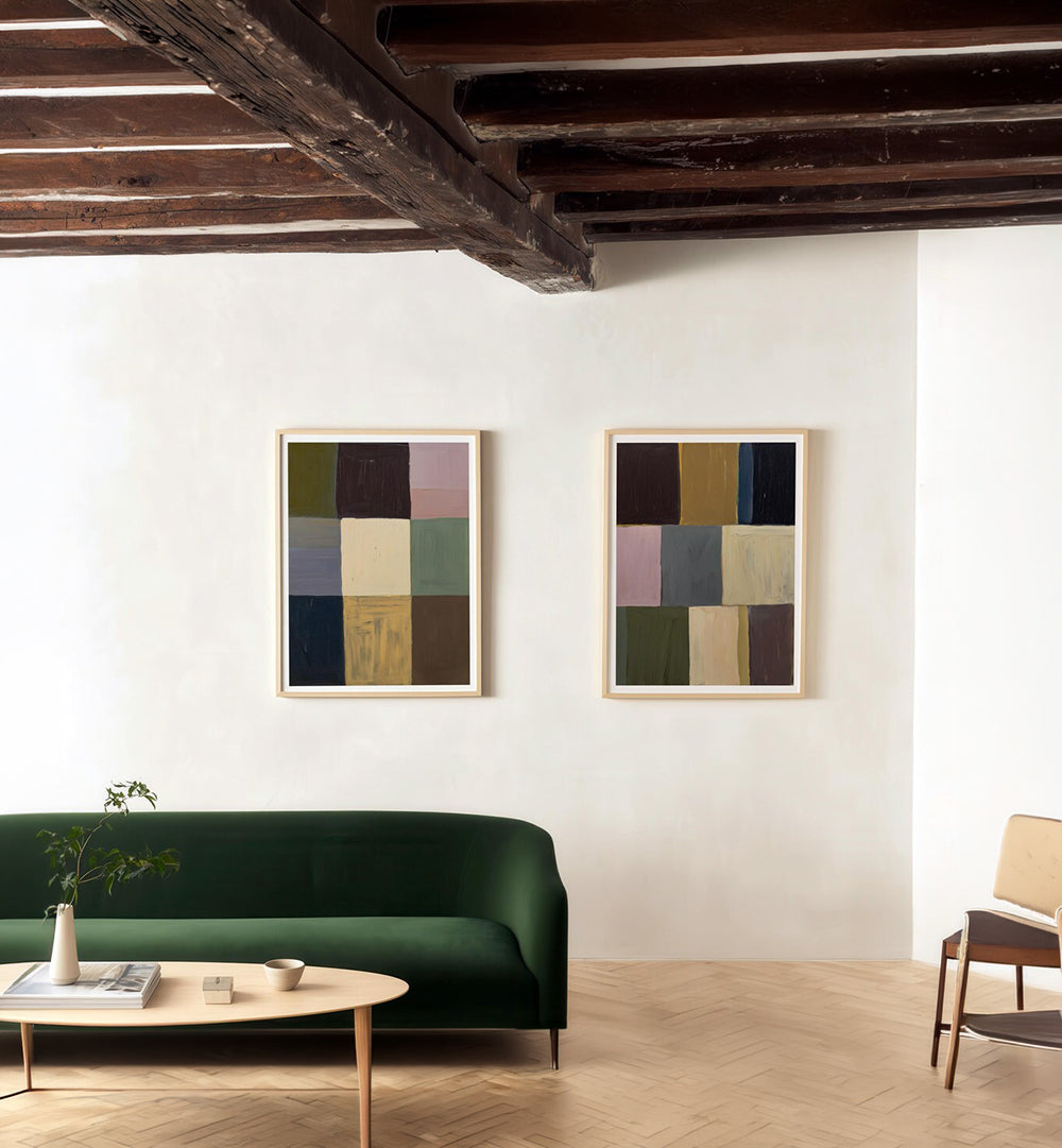 MUTED GRIDS , SET OF 2 PAINTINGS