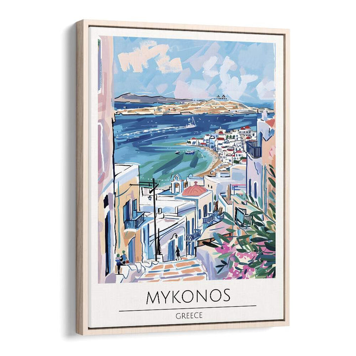 mykonos-greece travel posters in Oak Wood Floater Frame