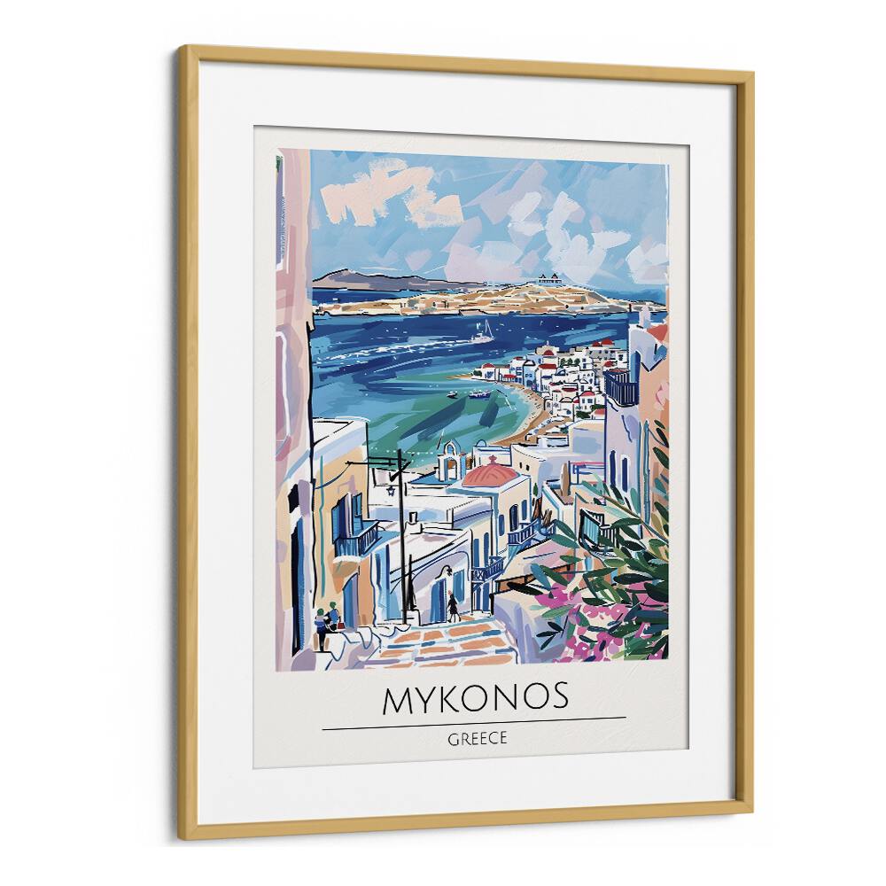 mykonos-greece travel posters in Oak Wood Frame With Mount