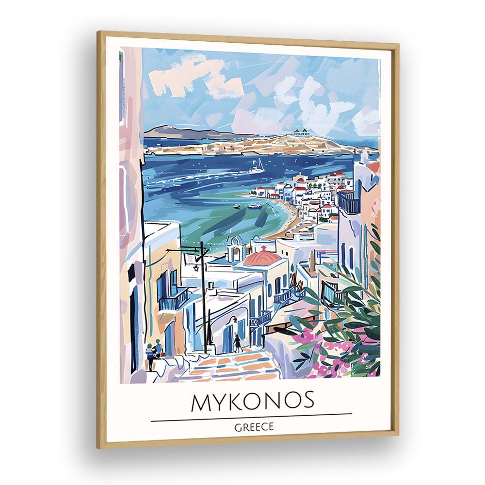 mykonos-greece travel posters in Oak Wood Plain Frame