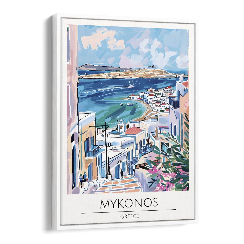 mykonos-greece travel posters in White Floater Frame