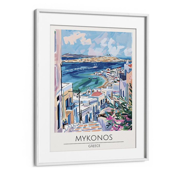 mykonos-greece travel posters in White Frame With Mount