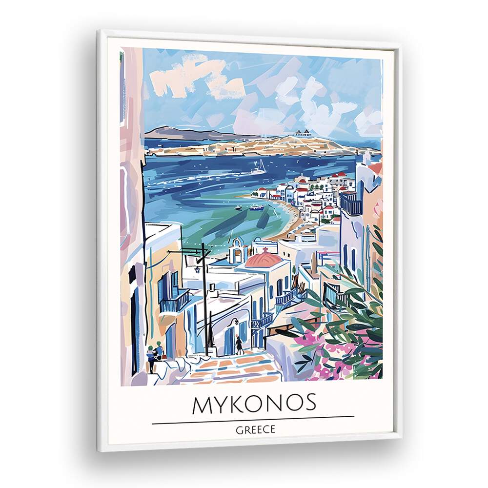 mykonos-greece travel posters in White Plain Frame