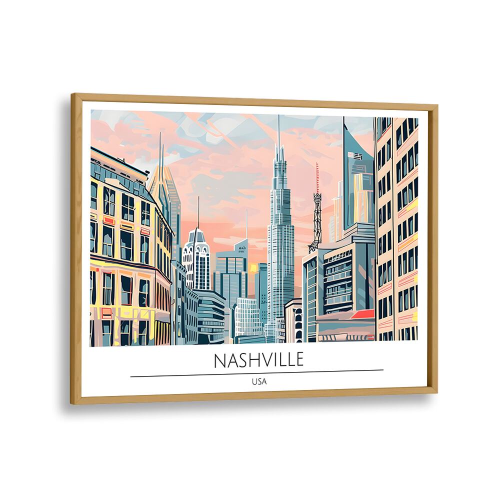 nashville city-usa travel posters in Oak Wood Plain Frame