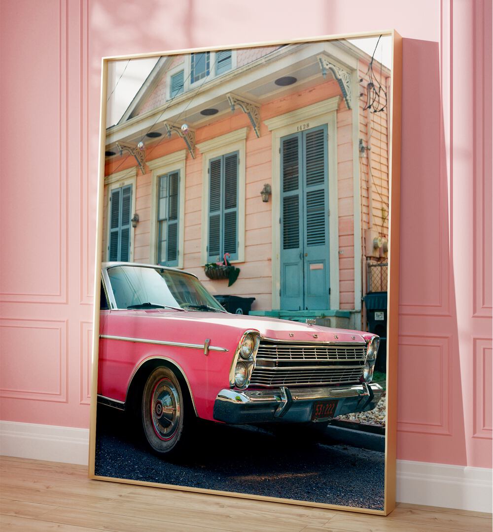 new orleans ride car poster Artwork I placed on a Pink Colored Wall