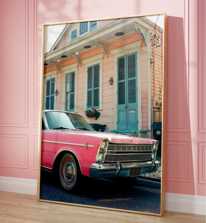 new orleans ride car poster Artwork I placed on a Pink Colored Wall