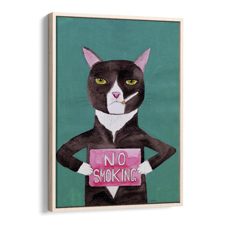 no smoking cat women illustration paintings in Oak Wood Floater Frame