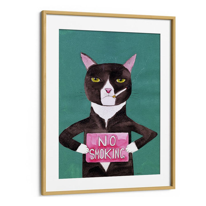 no smoking cat women illustration paintings in Oak Wood Frame With Mount