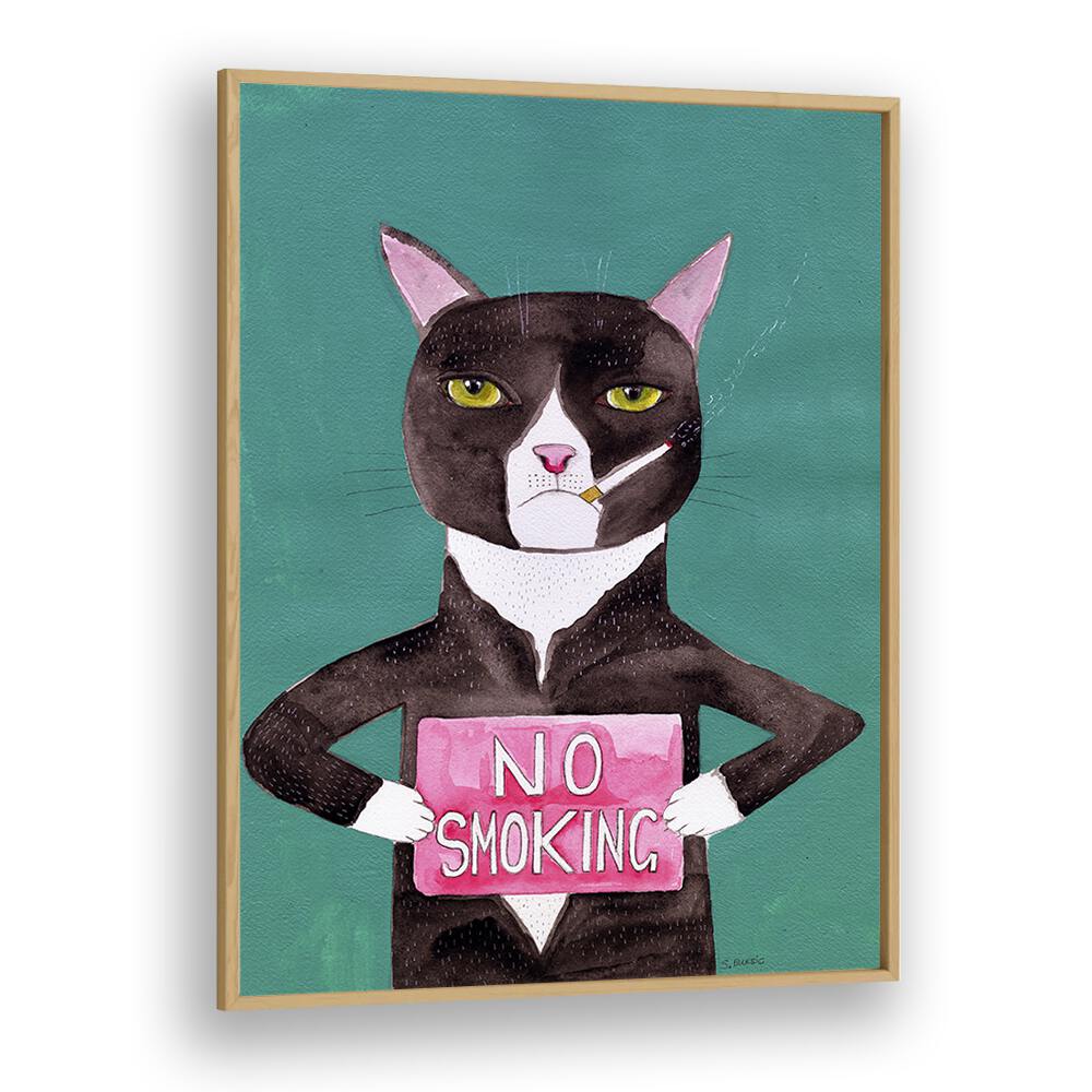 no smoking cat women illustration paintings in Oak Wood Plain Frame