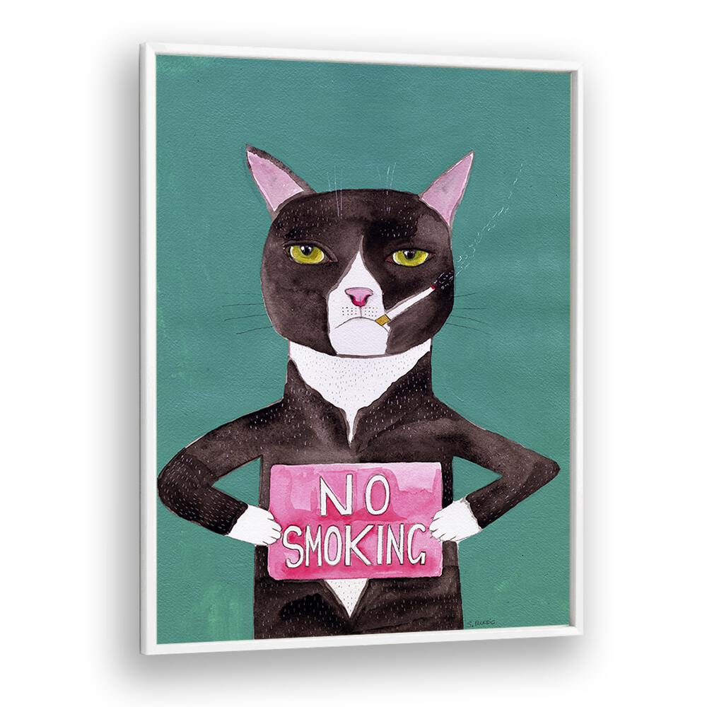 no smoking cat women illustration paintings in White Plain Frame