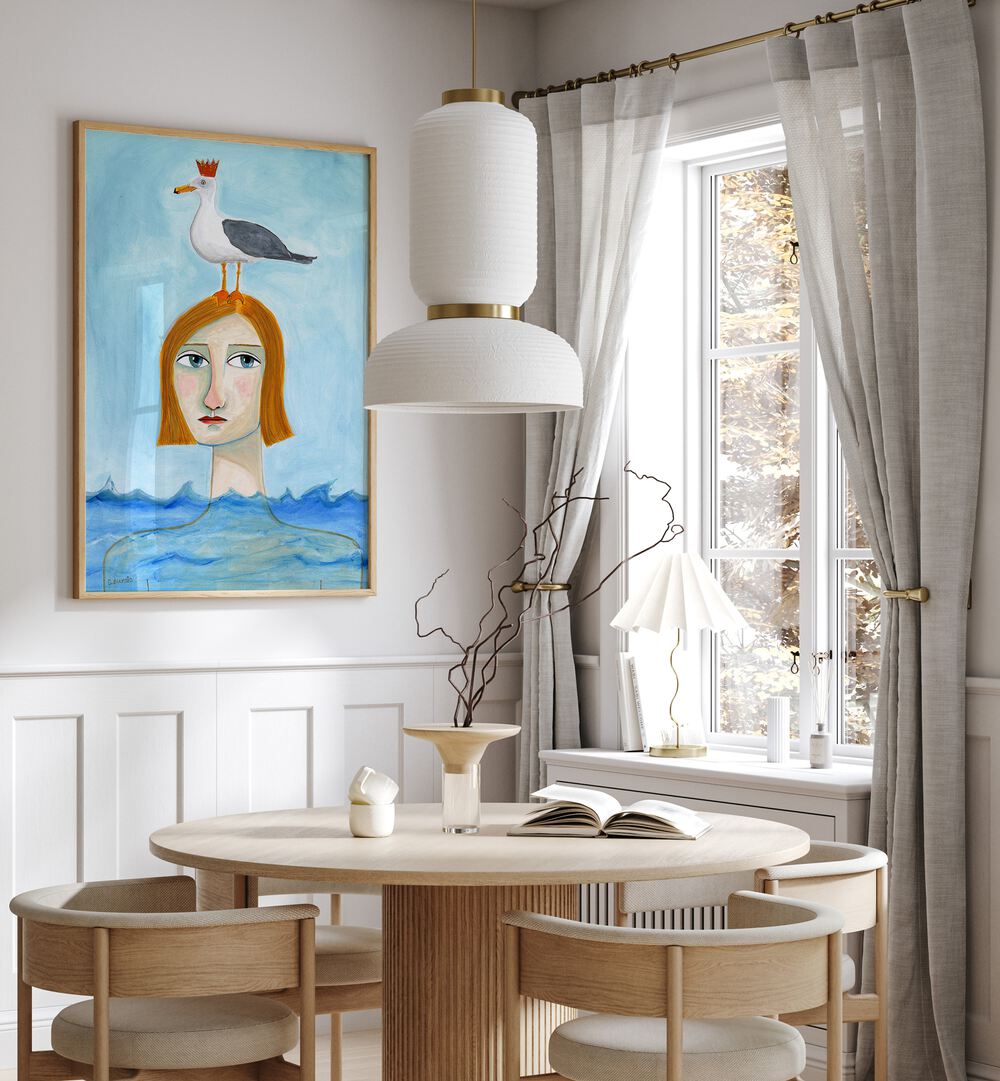 nude lady in ocean with seagull women illustration paintings Artwork I placed on a wall