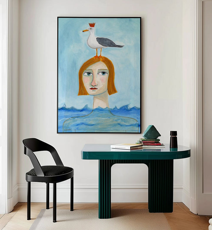 nude lady in ocean with seagull women illustration paintings Artwork II placed on a wall