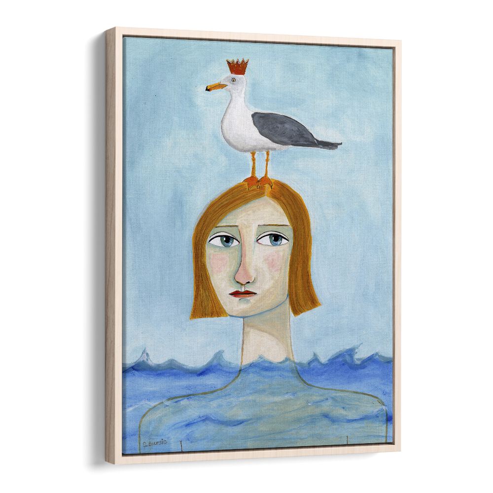 nude lady in ocean with seagull women illustration paintings in Oak Wood Floater Frame