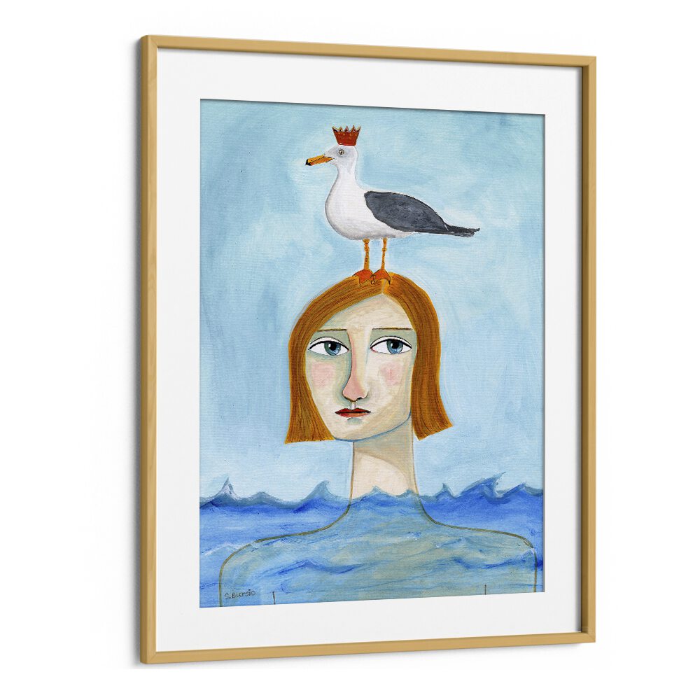 nude lady in ocean with seagull women illustration paintings in Oak Wood Frame With Mount