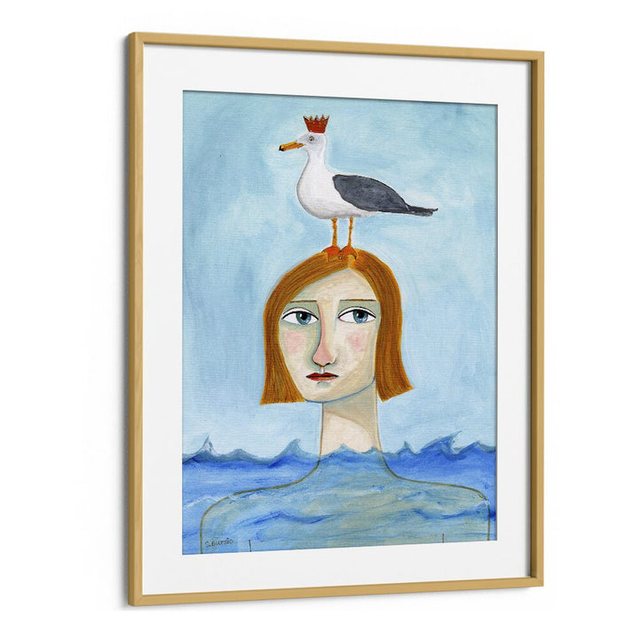 nude lady in ocean with seagull women illustration paintings in Oak Wood Frame With Mount